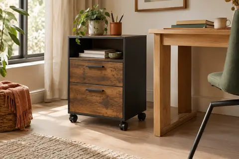 Caisson de bureau marron rustique et noir, avec deux tiroirs, un compartiment ouvert et des roulettes