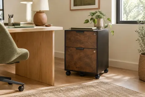 Caisson de bureau marron rustique et noir d’encre, à deux tiroirs et cinq roulettes, près d’un bureau