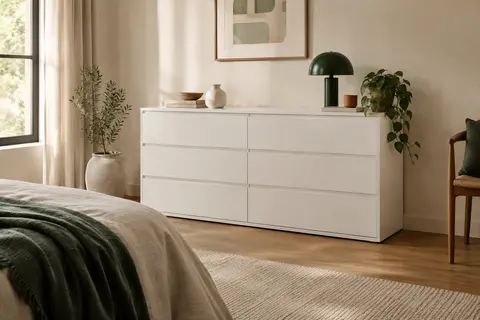 Commode VASAGLE blanc neige à six tiroirs dans une chambre aux matières naturelles.