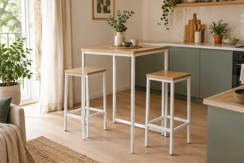 Table de bar carrée chêne doré avec deux tabourets blancs dans une cuisine lumineuse