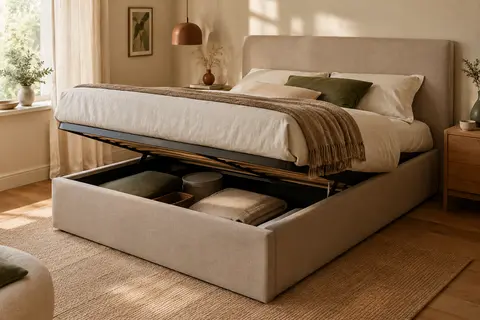 Lit coffre beige cappuccino avec tête rembourrée et sommier relevé dans une chambre lumineuse