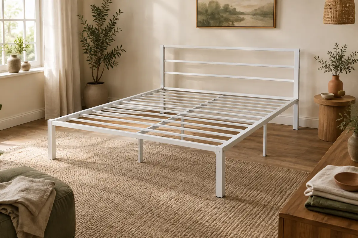 Cadre de lit double en métal blanc mat avec tête de lit et traverses visibles dans une chambre lumineuse.