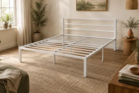 Cadre de lit double en métal blanc mat avec tête de lit et traverses visibles dans une chambre lumineuse.