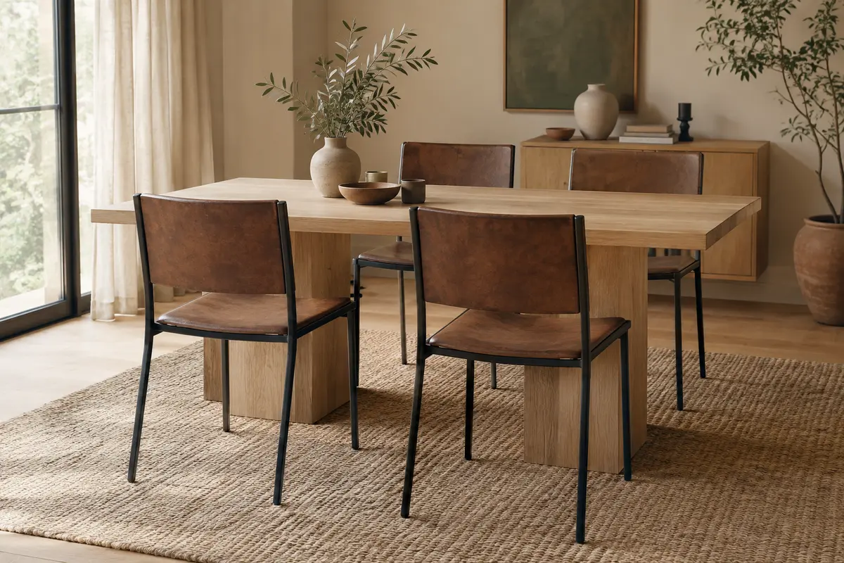 Quatre chaises VASAGLE en acier noir et panneau marron rustique autour d’une table en bois clair