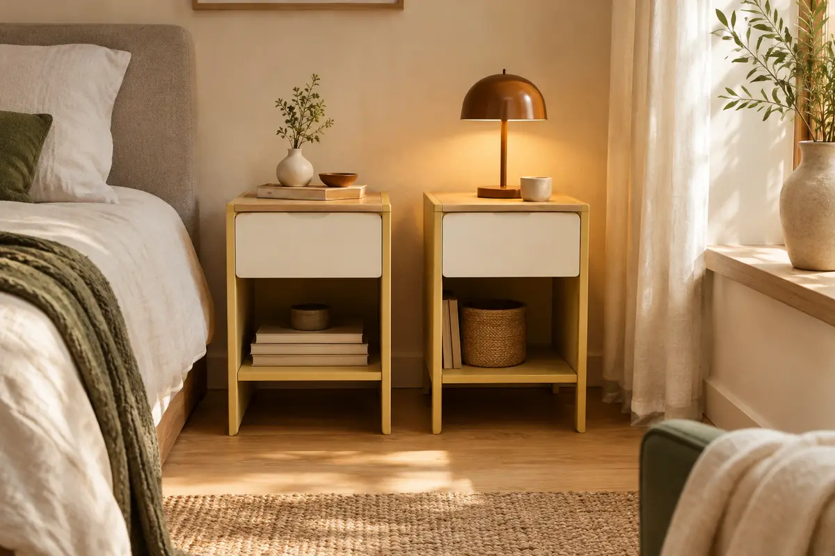 Deux tables de chevet étroites jaune amande et blanc nuage avec plateau beige, tiroir et niche ouverte