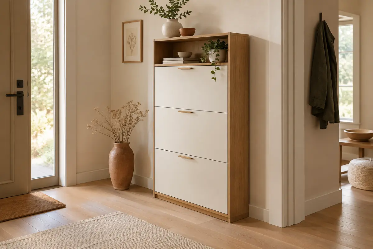 Meuble à chaussures VASAGLE chêne doré et blanc, avec trois portes et une niche ouverte