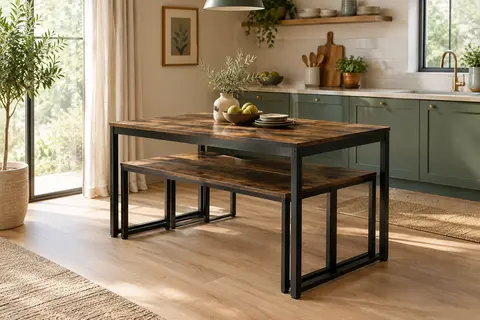 Table à manger marron rustique et noire avec deux bancs assortis rangés sous le plateau