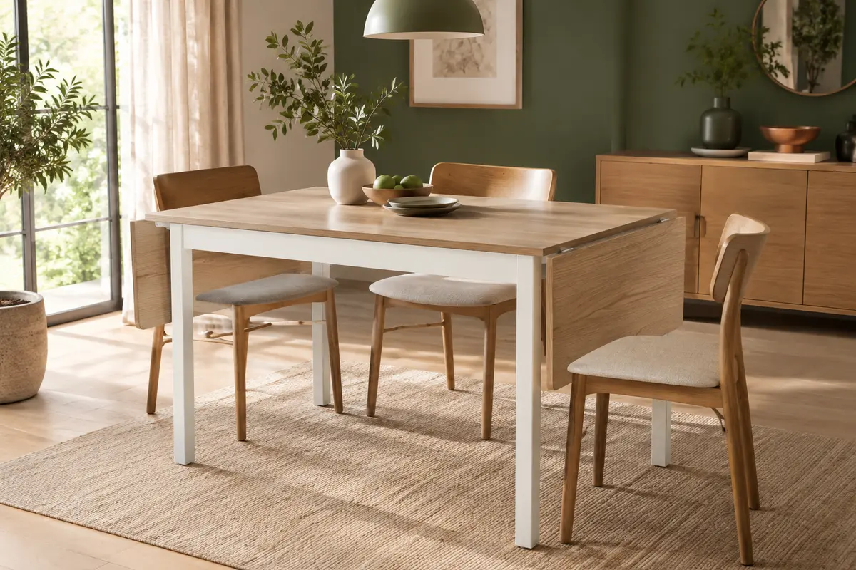 Table à manger pliante VASAGLE bicolore, ouverte dans une salle à manger lumineuse et chaleureuse