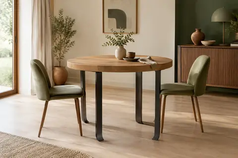 Table ronde VASAGLE au fini chêne doré, avec plateau épais et pieds en acier dans un intérieur lumineux.