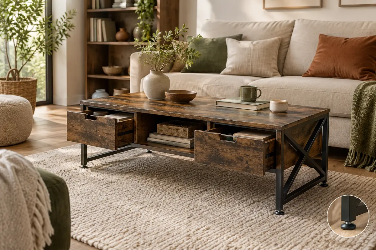 Table basse marron effet bois avec deux tiroirs, une niche ouverte et un piètement noir en X.