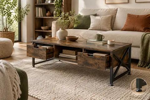 Table basse marron effet bois avec deux tiroirs, une niche ouverte et un piètement noir en X.