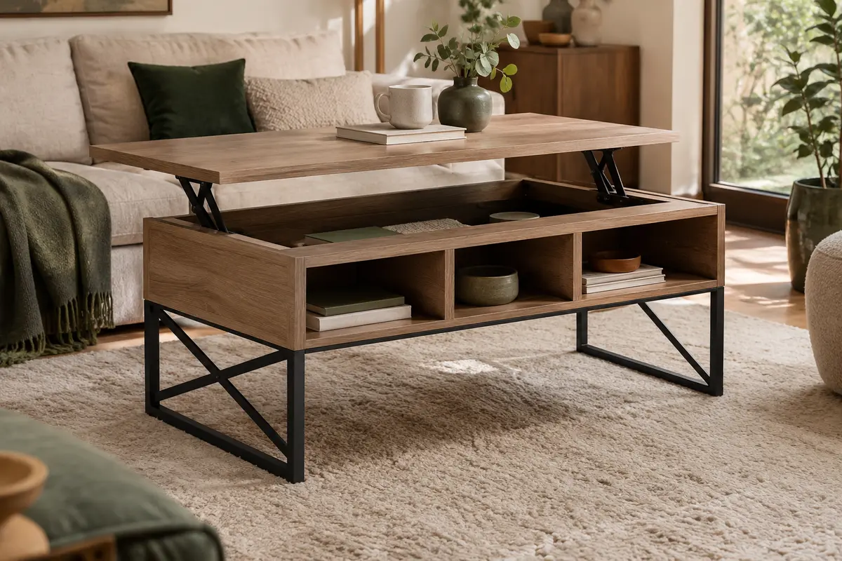 Table basse VASAGLE effet chêne avec plateau relevé, structure noire et casiers de rangement ouverts.