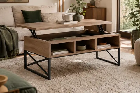 Table basse VASAGLE effet chêne avec plateau relevé, structure noire et casiers de rangement ouverts.