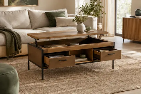 Table basse VASAGLE marron camel et noire avec plateau relevé, deux tiroirs et étagère ouverte dans un salon lumineux.