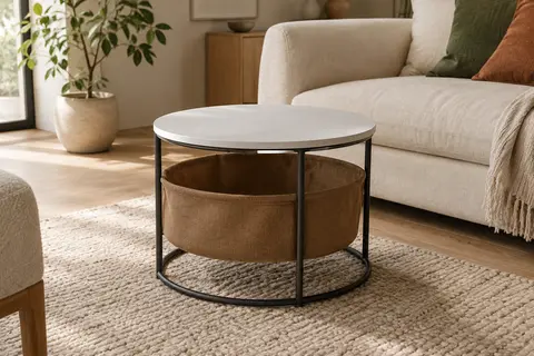 Table basse ronde au plateau blanc mat et cadre en acier, avec un panier de rangement en tissu camel.