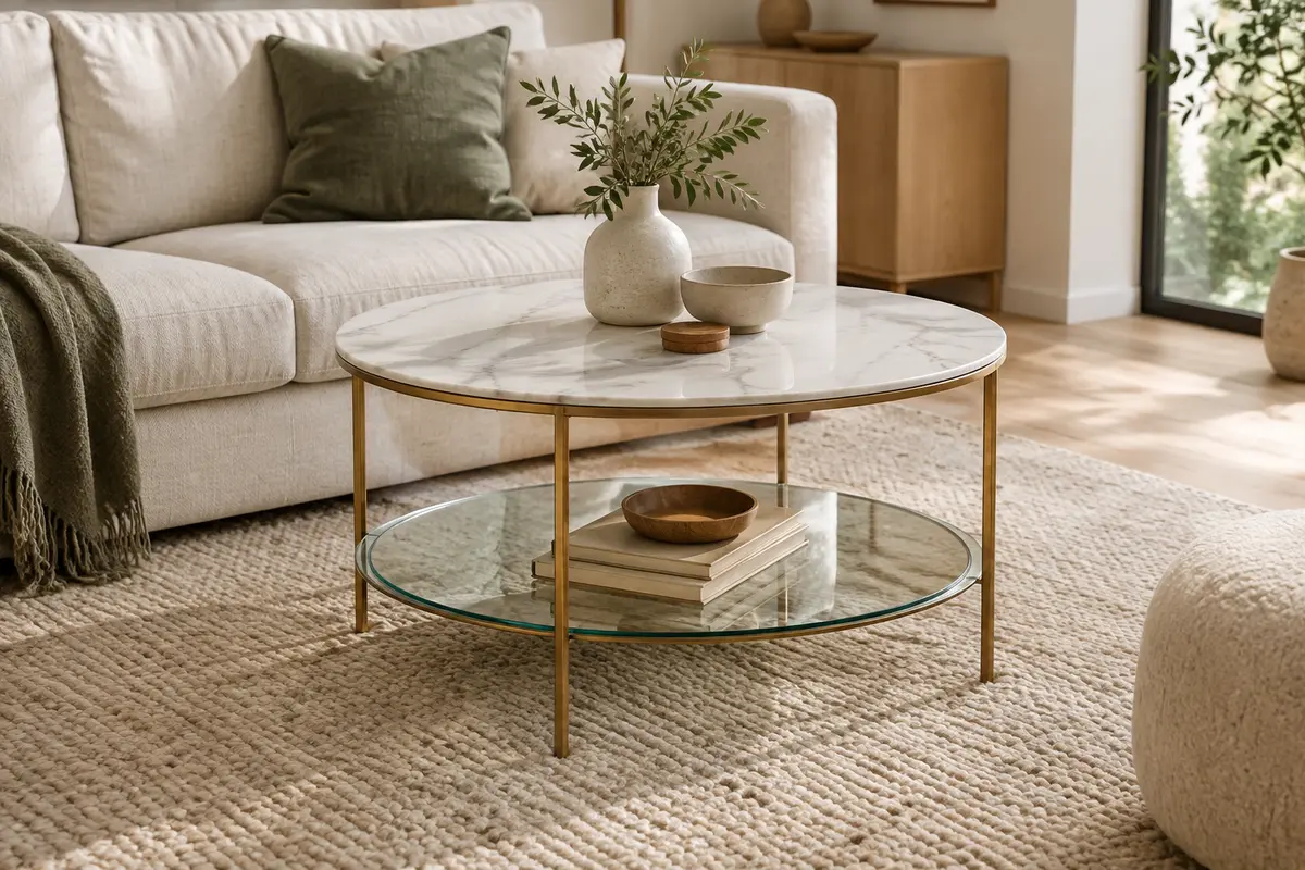 Table basse ronde blanche effet marbre avec étagère en verre et pieds dorés dans un salon lumineux.