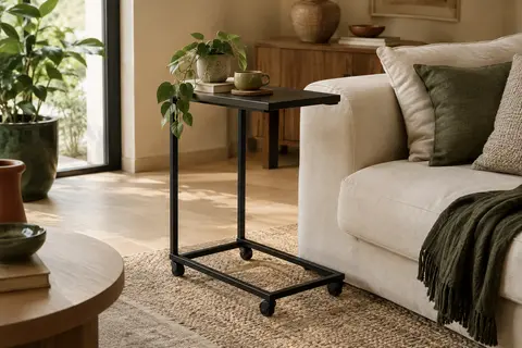 Table d’appoint VASAGLE noire en forme de C à roulettes près d’un canapé en lin crème