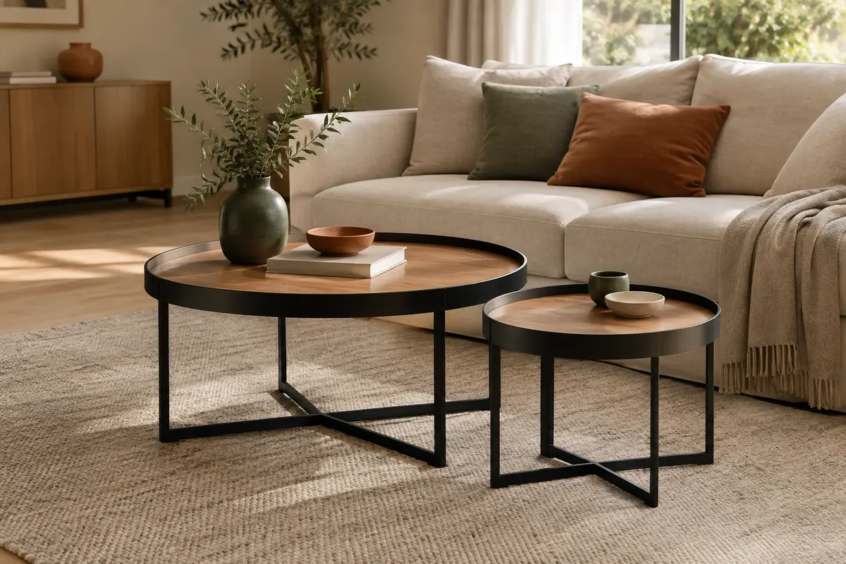 Deux tables basses rondes noires de tailles différentes, avec plateaux amovibles et piètements en acier