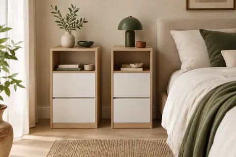 Deux tables de chevet beige naturel et blanc, avec niche ouverte et deux tiroirs sans poignées