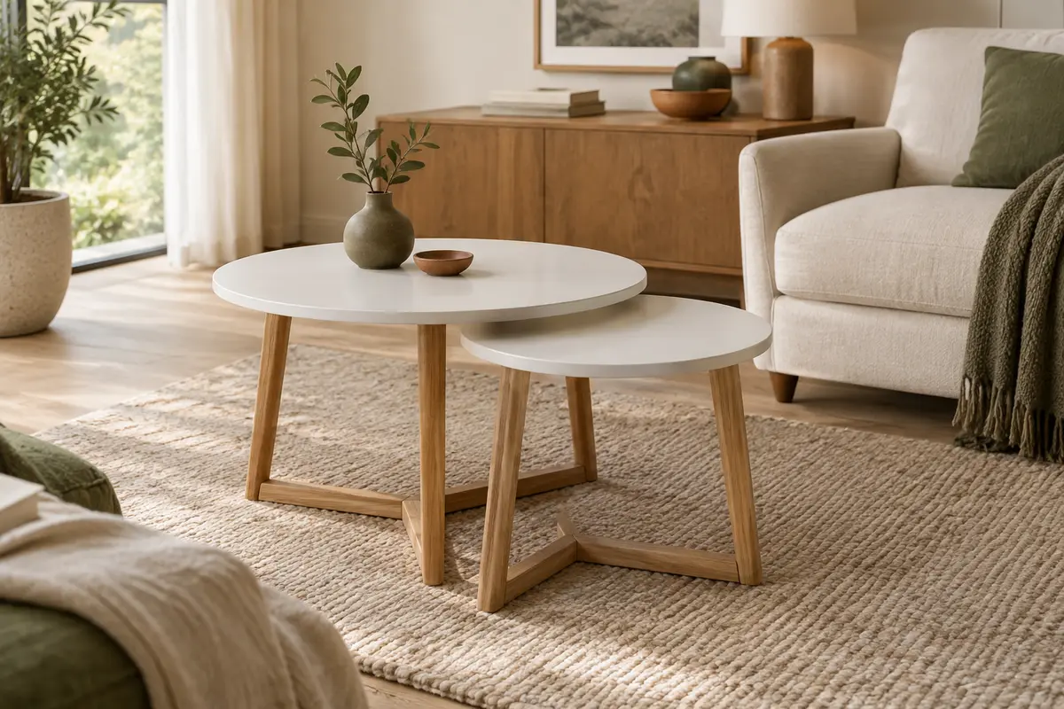 Deux tables gigognes rondes à plateaux blancs et pieds en pin naturel dans un salon chaleureux