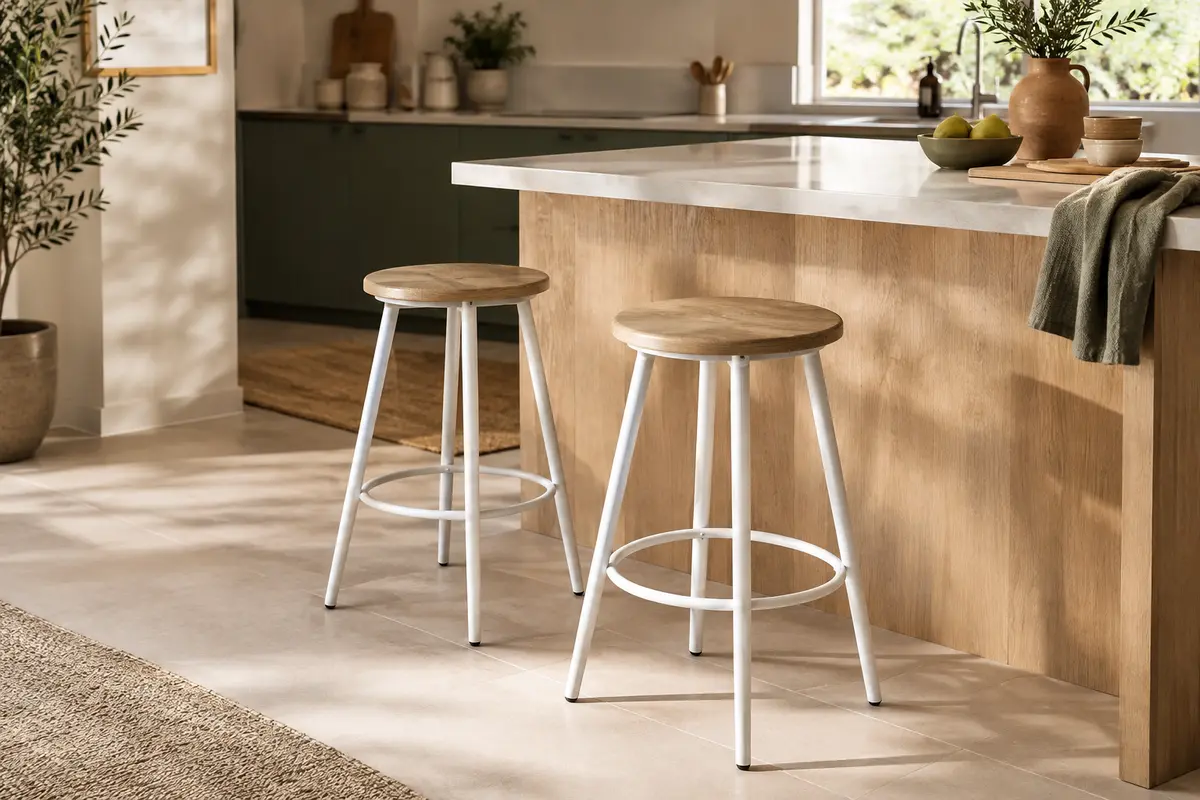 Deux tabourets de bar à assise ronde effet chêne et structure en acier blanc mat près d’un îlot