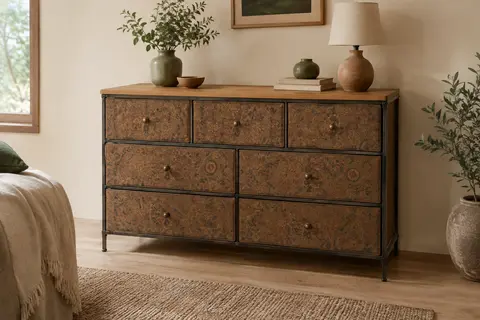 Commode marron VEDECASA à sept tiroirs en tissu à motifs vintage, avec plateau en bois et structure métallique.