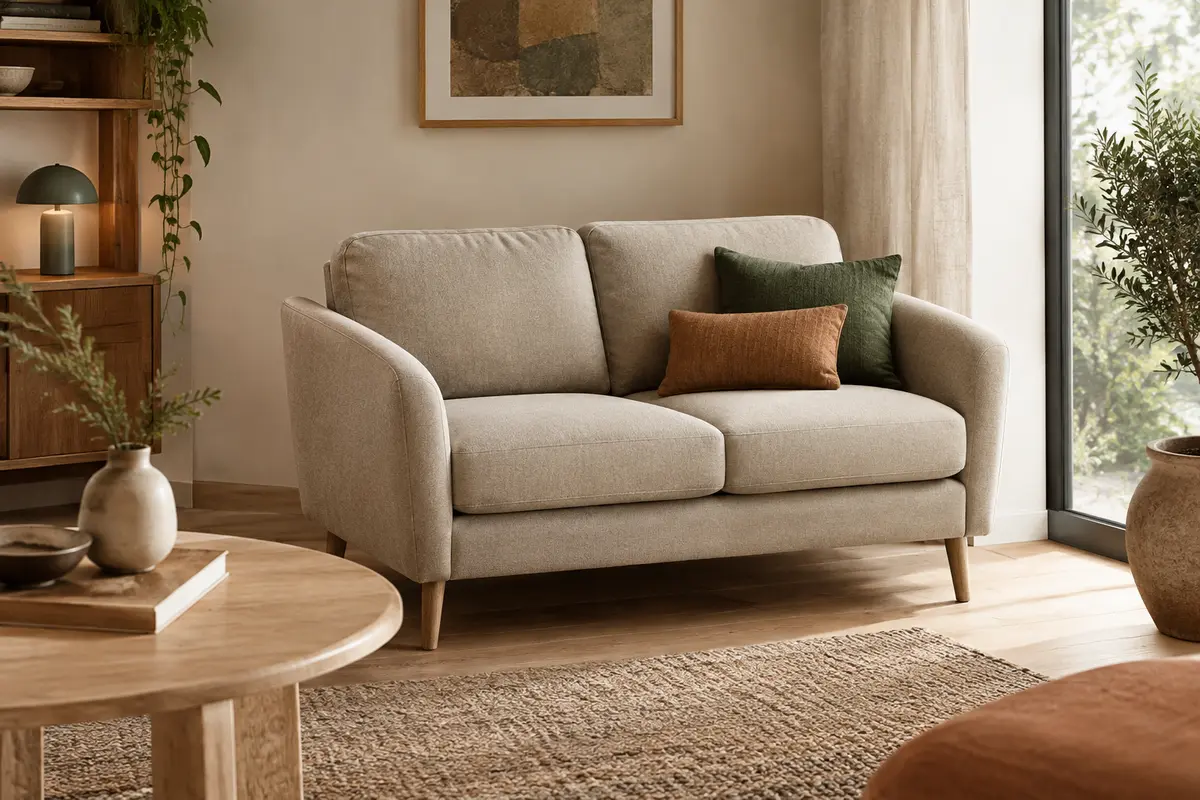 Canapé deux places beige cendré avec accoudoirs incurvés et pieds en bois dans un salon lumineux.