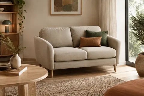 Canapé deux places beige cendré avec accoudoirs incurvés et pieds en bois dans un salon lumineux.