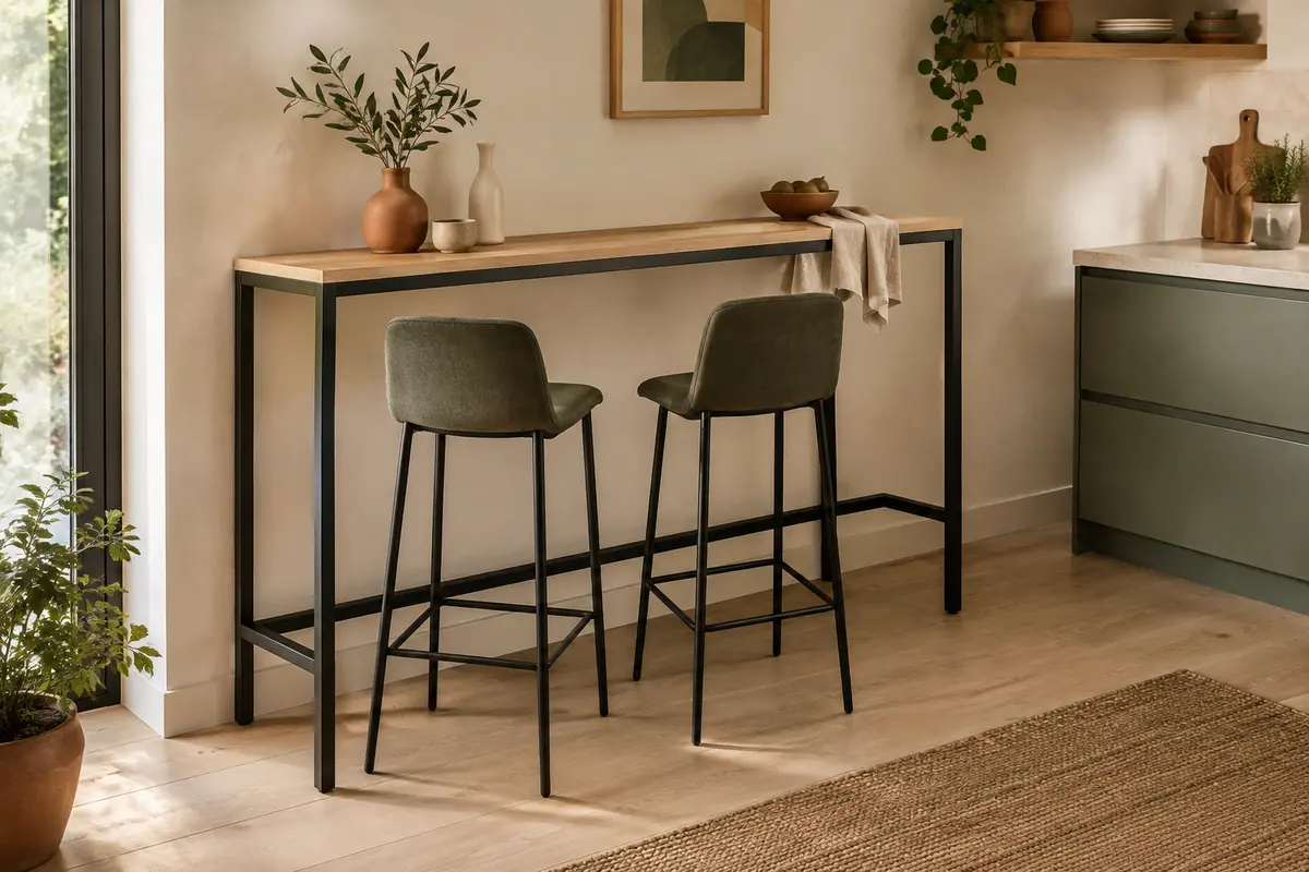 Table de bar VEVOR marron clair et noire, présentée dans un coin repas lumineux avec deux sièges hauts.