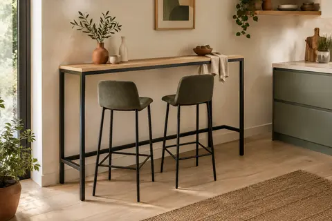 Table de bar VEVOR marron clair et noire, présentée dans un coin repas lumineux avec deux sièges hauts.