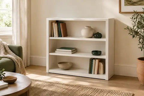 Bibliothèque basse blanche Vida Designs à trois étagères, présentée avec des livres et des objets décoratifs.