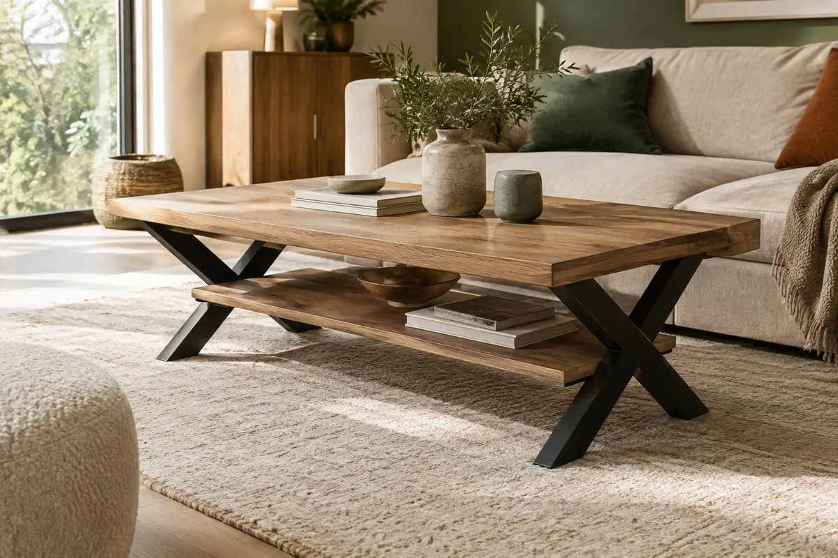 Table basse au décor chêne Wotan, avec pieds croisés noirs et tablette ouverte dans un salon chaleureux