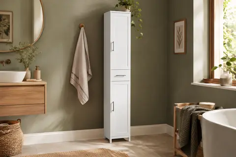 Armoire colonne blanche étroite avec tiroir et portes, installée dans une salle de bain lumineuse