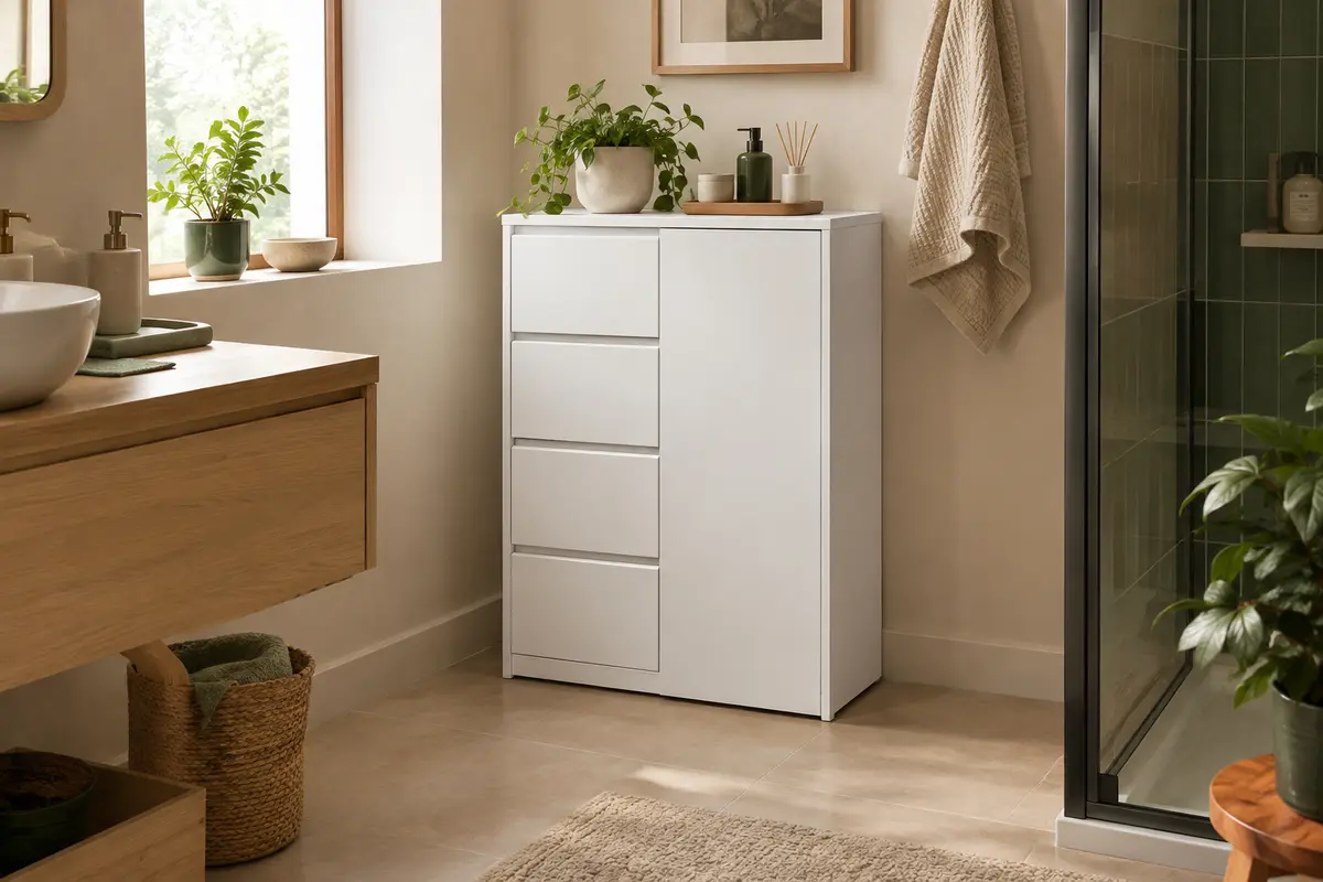 Armoire blanche compacte avec quatre tiroirs et une porte, présentée dans une salle de bain claire et sobre