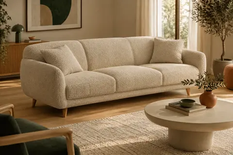 Canapé trois places beige en tissu teddy avec deux coussins, installé dans un salon aux matières naturelles.