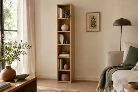 Bibliothèque colonne en finition chêne clair avec six niches ouvertes dans un intérieur chaleureux