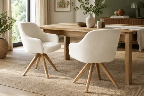 Deux chaises de salle à manger WOLTU en velours crème blanc, avec accoudoirs et pieds en bois.