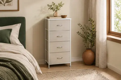 Commode blanche à quatre tiroirs en tissu, cadre métallique et plateau en bois, dans une chambre lumineuse.