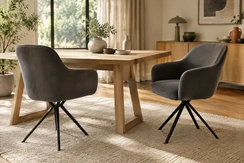 Deux chaises WOLTU en velours gris foncé avec accoudoirs arrondis et pieds métalliques croisés