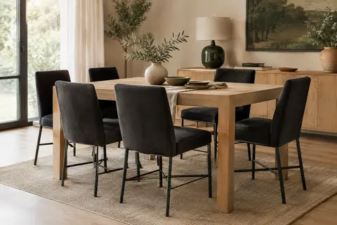 Lot de six chaises de salle à manger en velours noir avec dossier incurvé et pieds métalliques