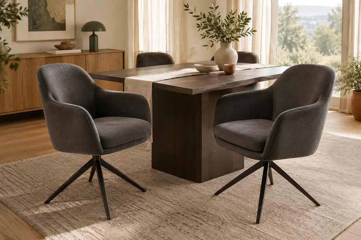 Deux chaises pivotantes en velours gris foncé avec accoudoirs et pieds en métal autour d’une table en bois
