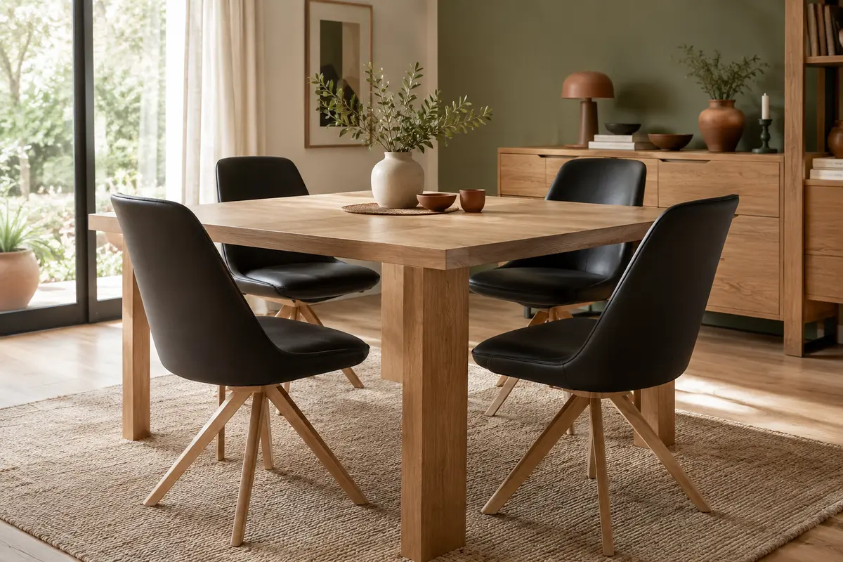 Lot de quatre chaises de salle à manger noires, avec assises rembourrées et pieds en bois massif.
