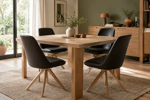 Lot de quatre chaises de salle à manger noires, avec assises rembourrées et pieds en bois massif.