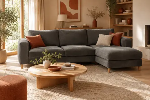 Canapé d’angle trois places en velours côtelé gris foncé, avec méridienne et coussins dans un salon lumineux