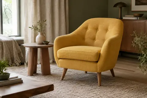 Fauteuil Ya-Home jaune capitonné en tissu, avec dossier enveloppant et pieds en bois dans un salon lumineux.