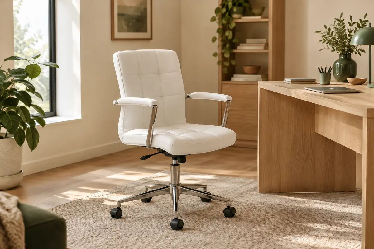 Chaise de bureau blanche en similicuir, à hauteur réglable et roulettes, dans un bureau chaleureux