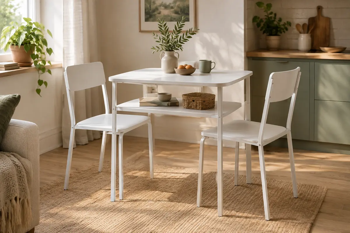 Ensemble repas blanc avec table à étagère basse et deux chaises, installé dans un coin de salle à manger