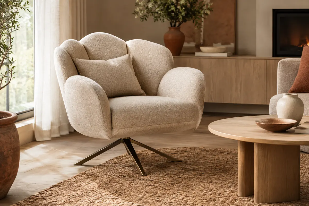 Fauteuil pivotant beige en forme de fleur, avec assise rembourrée et piètement métallique croisé.