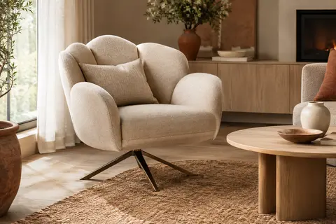 Fauteuil pivotant beige en forme de fleur, avec assise rembourrée et piètement métallique croisé.