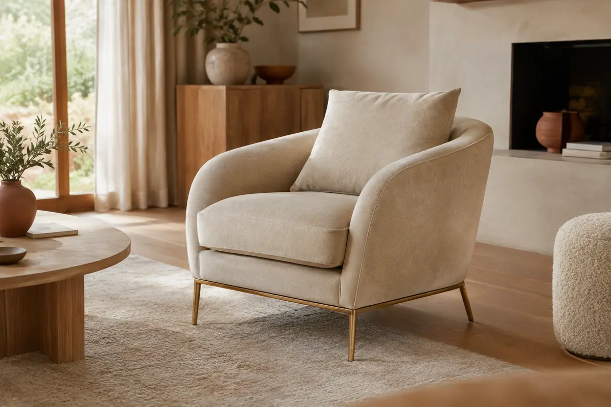 Fauteuil une place beige effet velours avec accoudoirs arrondis, coussin carré et pieds métalliques dorés
